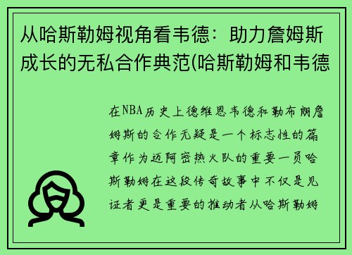 从哈斯勒姆视角看韦德：助力詹姆斯成长的无私合作典范(哈斯勒姆和韦德谁是队魂)