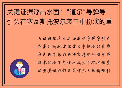 关键证据浮出水面：“道尔”导弹导引头在塞瓦斯托波尔袭击中扮演的重要角色