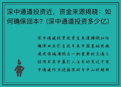 深中通道投资近，资金来源揭晓：如何确保回本？(深中通道投资多少亿)